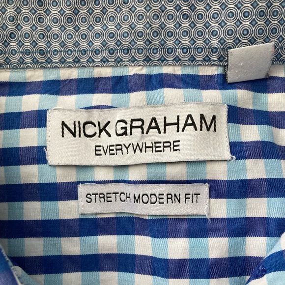 Nick Graham Everywhere Shirt Mens L Stretch Modern Fit Blue Check Flip Cuff - Picture 2 of 7